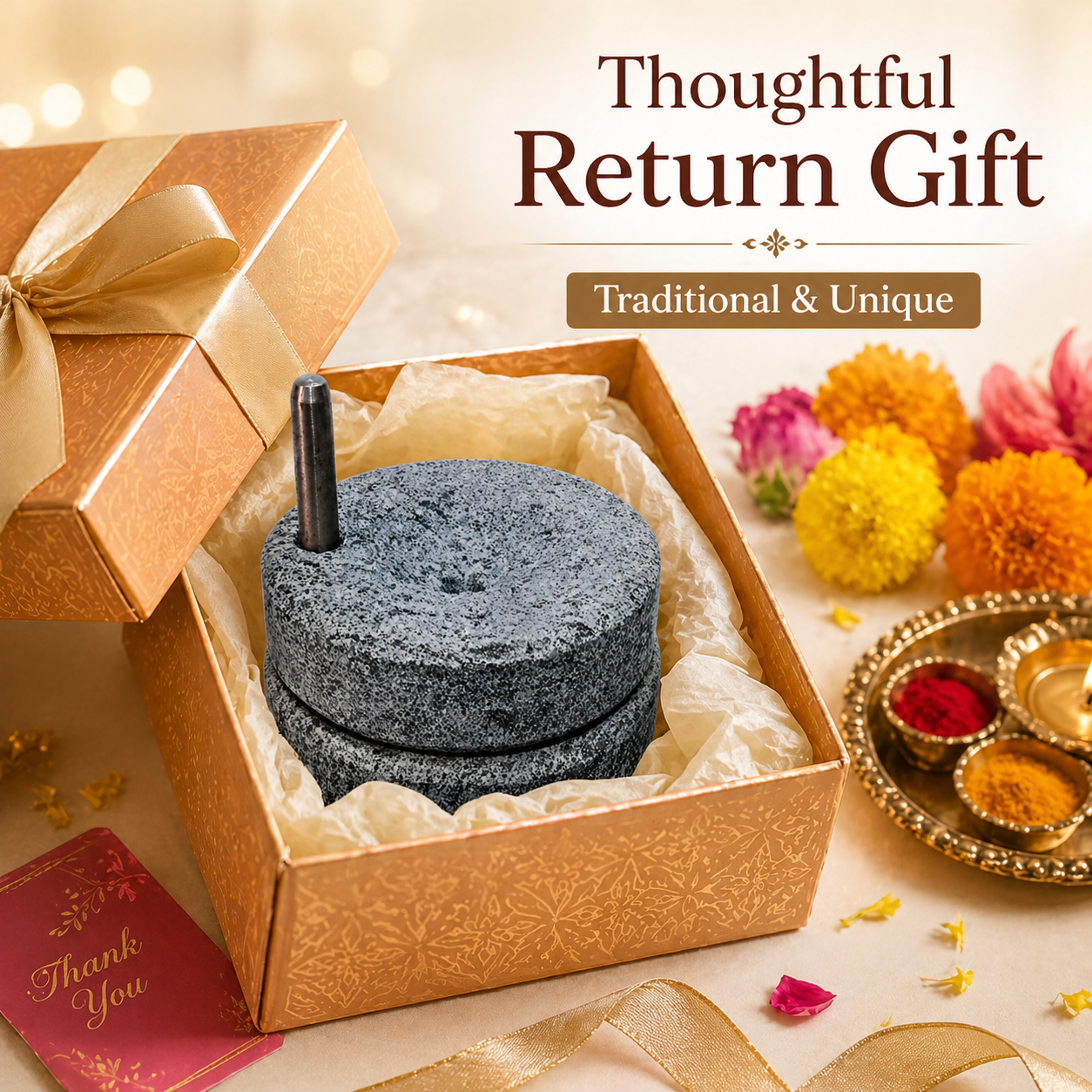 Anketras Miniature Traditional Stone Hand Grinder | Round Granite Look with Iron Handle | Manual Spice Grinder Mini Model | Pretend Play Toy & Pooja Décor | Return Gift Item